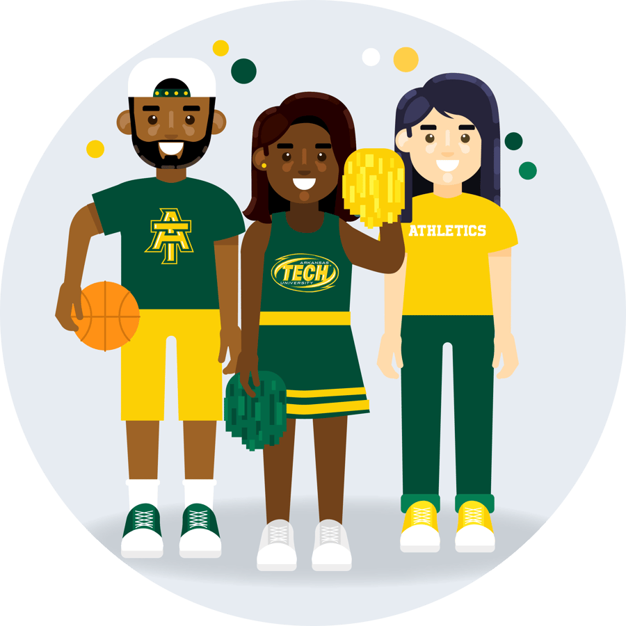Athletes at Arkansas Tech University. A basketball player stands next to a cheerleader, who stands next to another person wearing an athletics shirt.