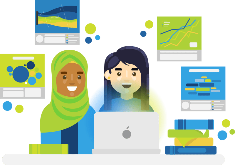 Two women in front of a laptop screen with graphs and dashboards in the background