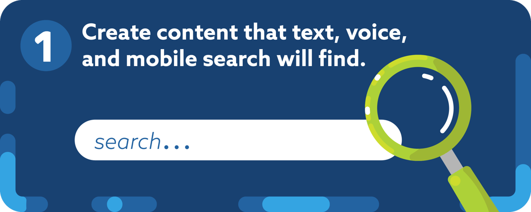 Image of search bar and magnifying glass + "Create content that text, voice, and mobile search will find."