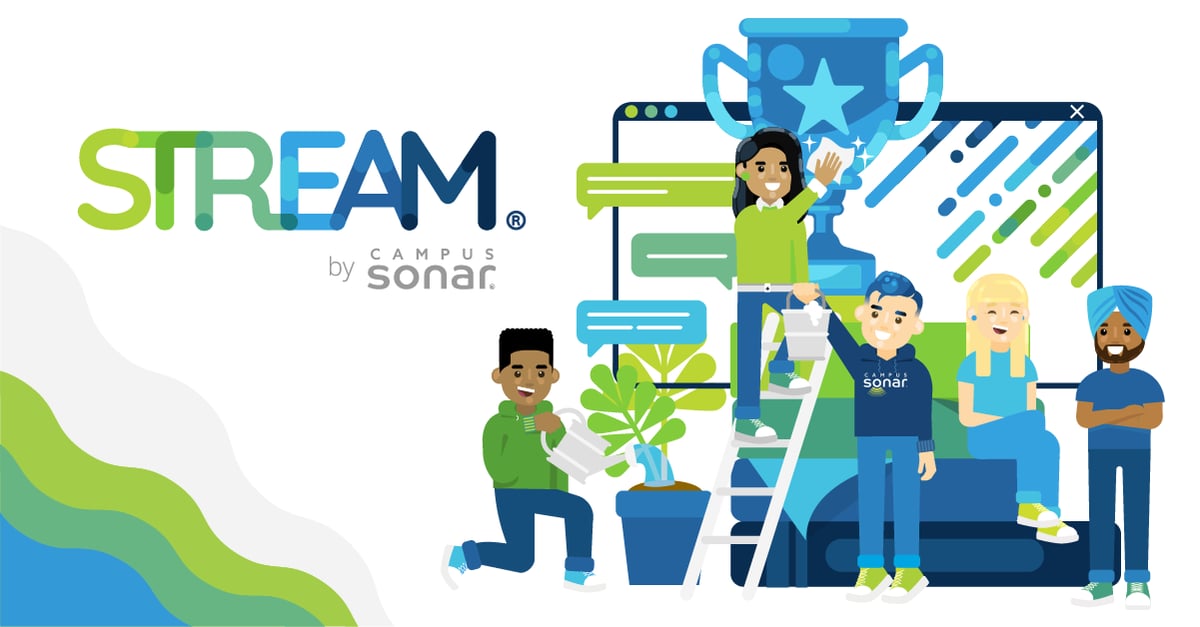 STREAM by Campus Sonar logo with computer monitor and higher ed professionals watering a plant, sitting on books, and earning an award to symbolize learning and growing professionally
