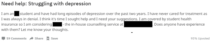 A Reddit post from an enrolled college student who is struggling with depression