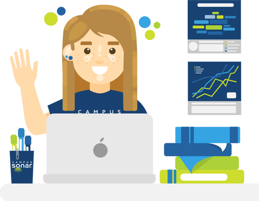 Female Sonarian sitting in front of a laptop with charts and graphs next to her