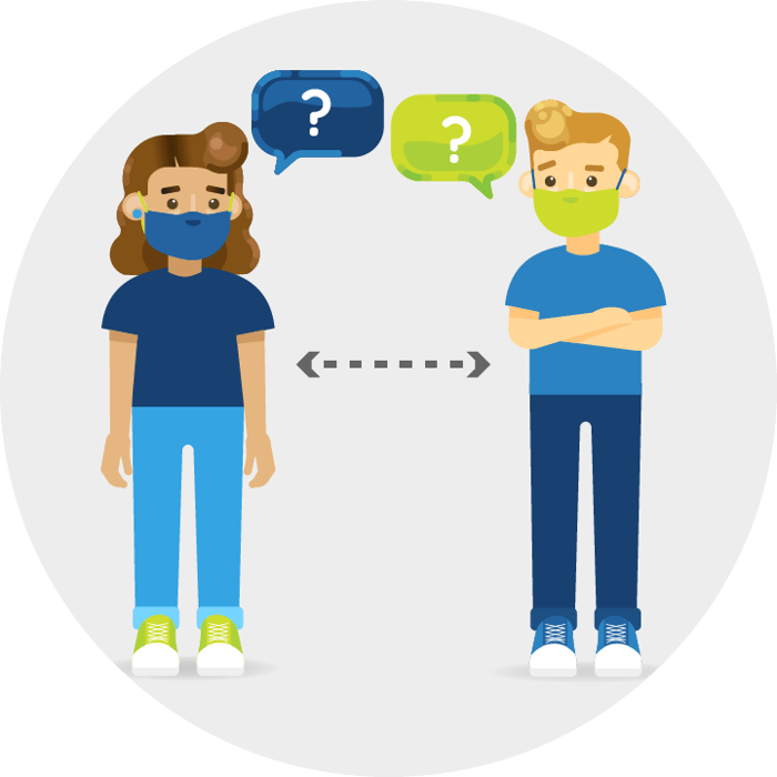 Two people having a  socially-distanced conversation