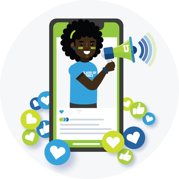 Student influencer on a mobile phone screen, speaking through a megaphone