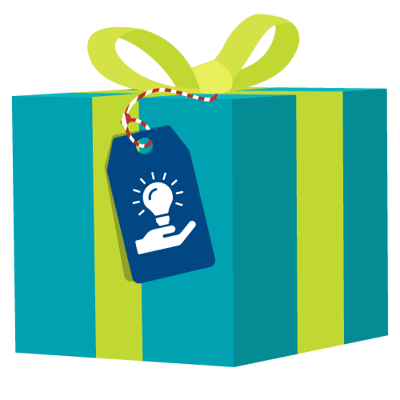 Gift wrapped present with a gift tag with a light bulb that indicates sharing our knowledge